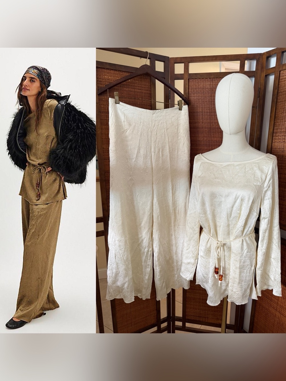 Free People Celeste Ivory Crinkle Wide-Leg Pants and top set small
